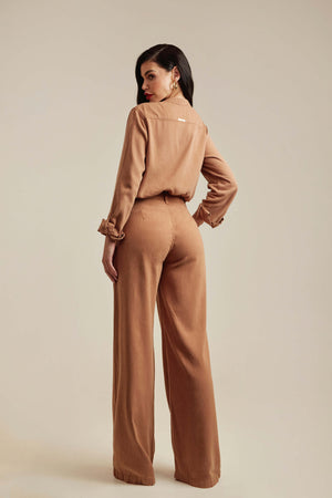 Calça Pantalona de Linho Térmico Estilo Alfaiataria Dunas Terra