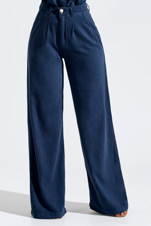 Calça Pantalona de Linho Térmico Estilo Alfaiataria Dunas Azul Marinho