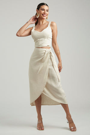Saia Midi Envelope de Linho Térmico Dunas Areia
