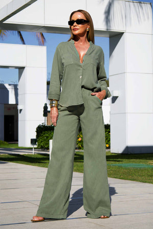 Calça Pantalona de Linho Térmico Estilo Alfaiataria Dunas Verde Militar