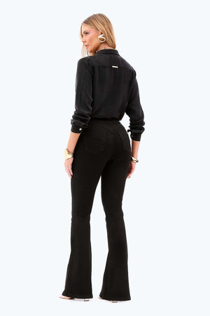 Calça Jeans Mega Bumbum Flare Cós Médio Preto Intenso