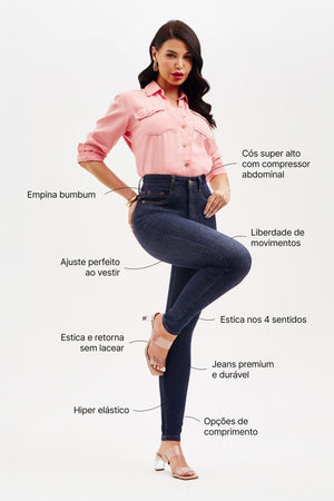 Calça Jeans Modeladora Revolucionária Skinny Escura Cós Super Alto