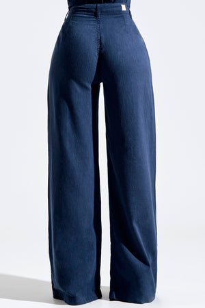 Calça Pantalona de Linho Térmico Estilo Alfaiataria Dunas Azul Marinho