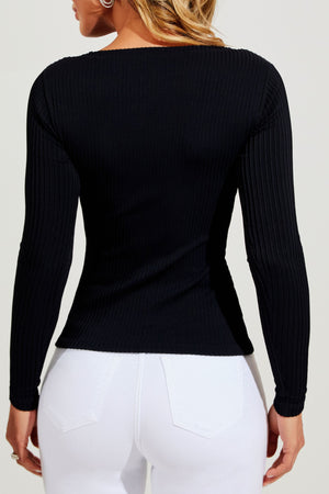 Blusa Canelada Premium Decote Canoa Manga Longa Preta