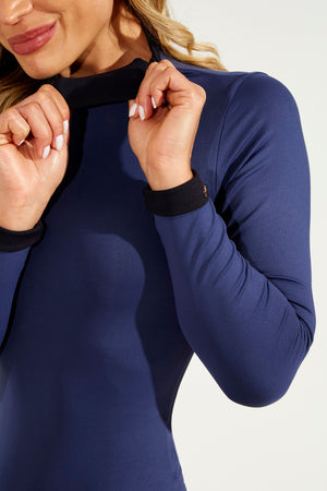 Body Curve Gola Alta Manga Longa Dupla Face Preto com Azul Marinho