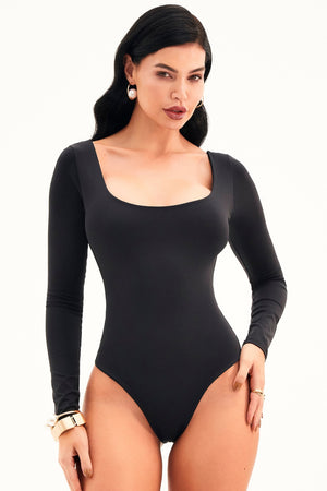 Body Curve Todo Duplo Decote Redondo Profundo Manga Longa Preto