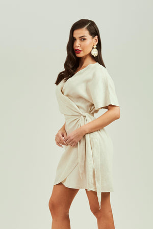 Vestido Envelope de Linho Térmico Acima do Joelho Dunas Areia