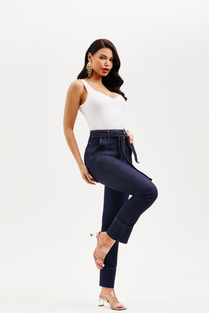 Calça Jeans de Rica Estilo Alfaiataria Tecnológica Reta Cós Super Alto Jeans Escuro