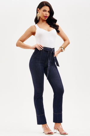 Calça Jeans de Rica Estilo Alfaiataria Tecnológica Reta Cós Super Alto Jeans Escuro