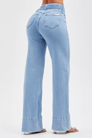 Calça Jeans de Rica Estilo Alfaiataria Tecnológica Wide Leg Basic Cós Super Alto