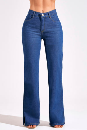Calça Jeans Modeladora Wide Leg Jeans Médio Cós Médio