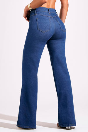 Calça Jeans Modeladora Wide Leg Jeans Médio Cós Médio