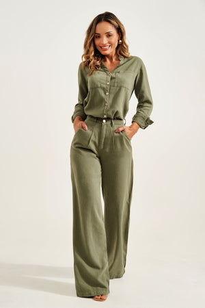 Calça Pantalona de Linho Térmico Estilo Alfaiataria Dunas Verde Militar