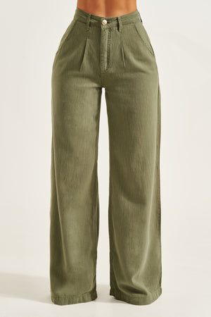 Calça Pantalona de Linho Térmico Estilo Alfaiataria Dunas Verde Militar