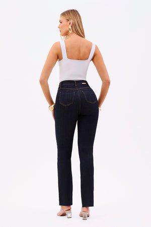 Calça Jeans Ultra Modeladora Reta Cós Alto Barra Corte a Laser