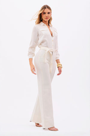Calça Jeans de Rica Estilo Alfaiataria Tecnológica Wide Leg Cós Super Alto Off White