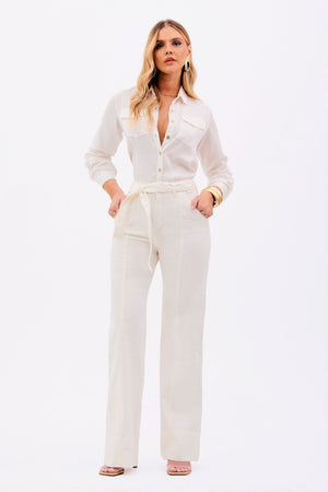 Calça Jeans de Rica Estilo Alfaiataria Tecnológica Wide Leg Cós Super Alto Off White