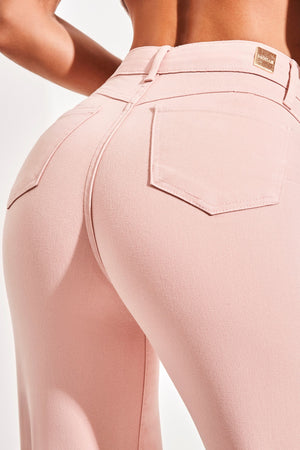 Calça Jeans Modeladora Wide Leg Cós Super Alto Barra Desfiada Rosa