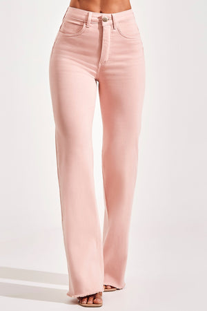 Calça Jeans Modeladora Wide Leg Cós Super Alto Barra Desfiada Rosa