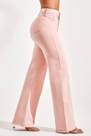 Calça Jeans Modeladora Wide Leg Cós Super Alto Barra Desfiada Rosa