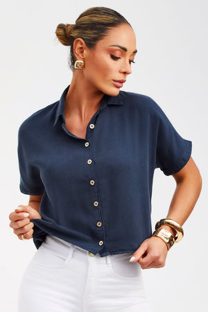 Camisa Térmica Cropped Manga Curta Azul Marinho Liocel