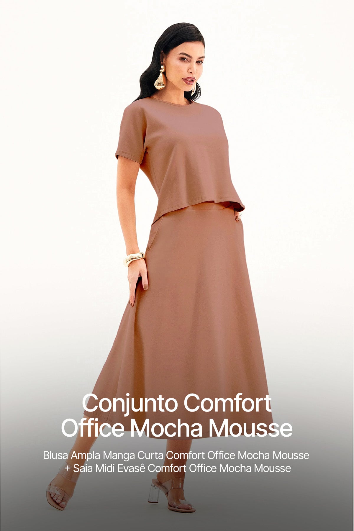 Conjunto Saia Mídi e Blusa Comfort Office Mocha Mousse – Modab
