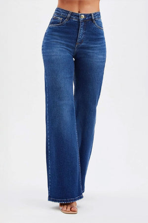 Calça Jeans Modeladora Essencial Wide Leg Jeans Escuro Cós Alto