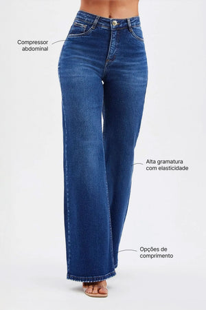 Calça Jeans Modeladora Essencial Wide Leg Jeans Escuro Cós Alto