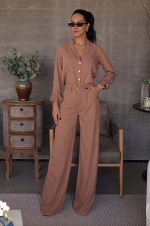 Calça Pantalona de Linho Térmico Estilo Alfaiataria Dunas Terra