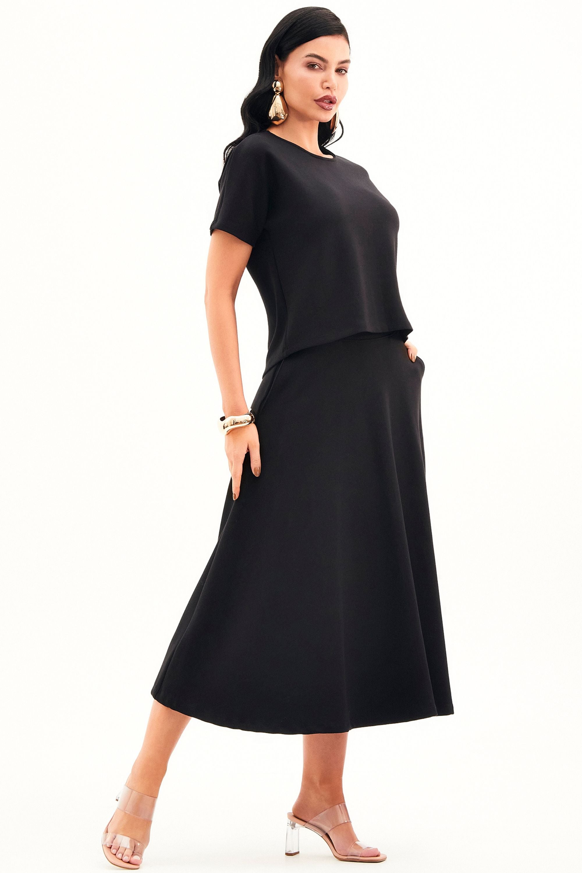 Saia Midi Evasê Comfort Office Preta – Modab