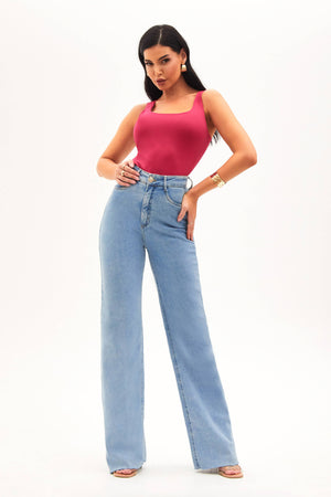 Calça Jeans Modeladora Basic Wide Leg Cós Super Alto Barra Corte a Laser
