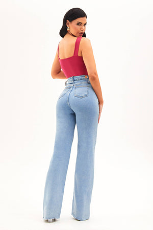 Calça Jeans Modeladora Basic Wide Leg Cós Super Alto Barra Corte a Laser
