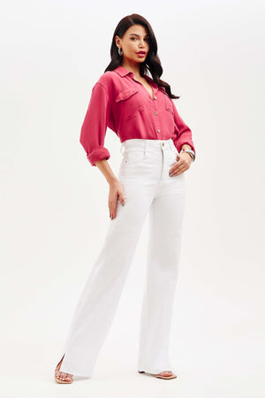 Calça Jeans Modeladora Milagrosa Wide Leg Cós Super Alto Barra Corte a Laser Branca