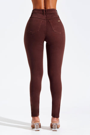 Calça Jeans Modeladora Skinny Cós Alto Coffee
