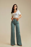 Calça Jeans Modeladora Wide Leg Com Fenda Verde Malva