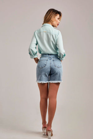 Shorts Jeans Modelador Estonado Claro Destroyed Cós Alto