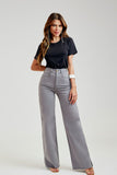 Calça Jeans Modeladora Wide Leg com Fenda Cinza