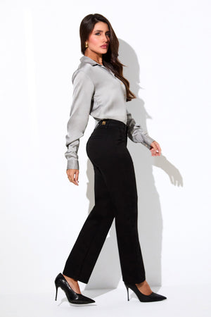 Calça Jeans Reta Estilo Alfaiataria Preto Intenso Cintura Média