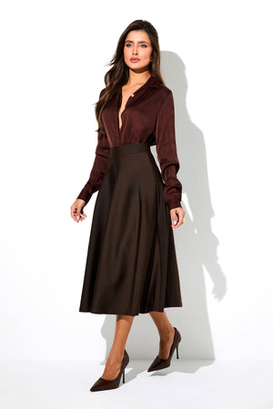 Saia Midi Evasê Glam Coffee QUE NÃO AMASSA