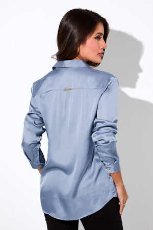 Camisa Feminina de Viscose Acetinada Essence Azul Vermeer