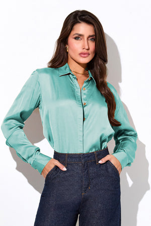 Camisa Feminina de Viscose Acetinada Essence Azul Turquesa