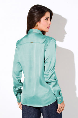 Camisa Feminina de Viscose Acetinada Essence Azul Turquesa