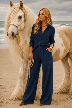 Calça Pantalona de Linho Dunas Azul Marinho