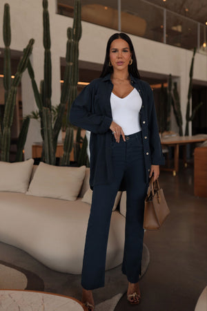 Calça Jeans Modeladora Reta Cós Alto Azul Marinho