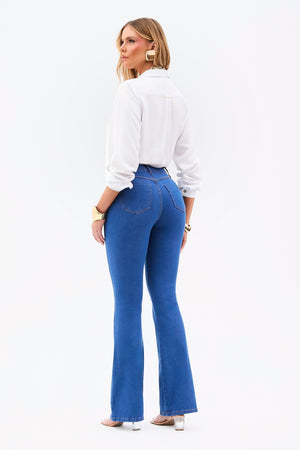 Calça Jeans Modeladora Linea Flare Cós Médio Jeans Médio