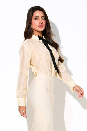 Camisa Feminina com Viscose Essence com Laço Off White
