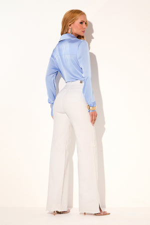 Calça Jeans Wide Leg Milagrosa Cintura Super Alta Barra Corte a Laser Branca que Não Marca