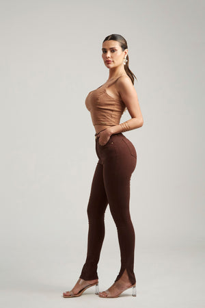 Calça Jeans Modeladora Skinny Coffee Cós Alto