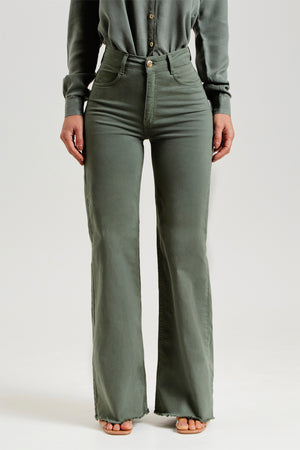 Calça Jeans Modeladora Verde Wide Leg Cós Super Alto
