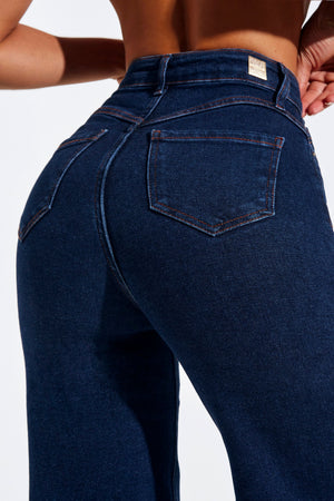 Calça Jeans Pantalona Luxury Cintura Super Alta Barra Corte a Laser Escura